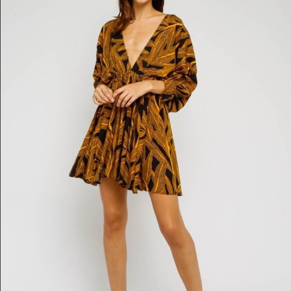 OLIVACEOUS Mini Palm leaves Black and gold Dress